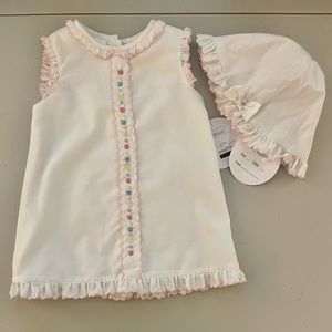 Sarah Louise - Baby Girl White with Pink A-Line Dress with Hat - Size 12M - NWT